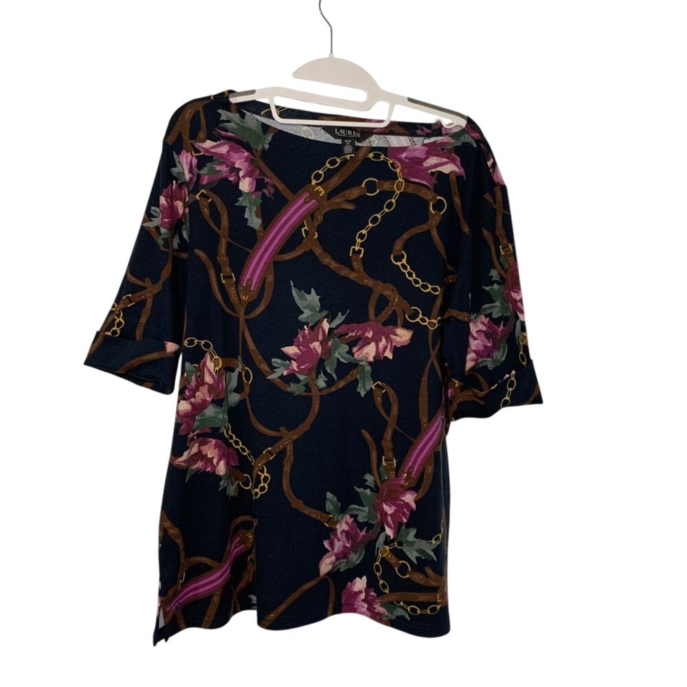 Lauren Ralph Lauren Black Pink Floral Equestrian 3/4 Sleeve Boat Neck Top 1X